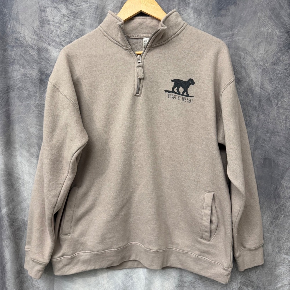 Buddy By The Sea Mens Quarter Zip Fleece Sweatshirt Tan Dog Surfboard Large